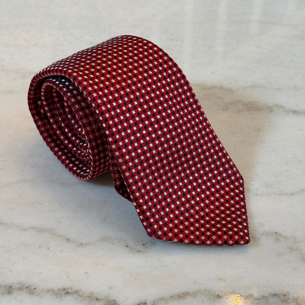 Nordstrom Mens Shop Silk Tie Red Navy Blue White Geometric Micro Pattern USA